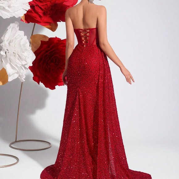 Red Elegant Women's Sequin Off-Shoulder Hollow Fishbone Formal Gown - Picture 2 of 8